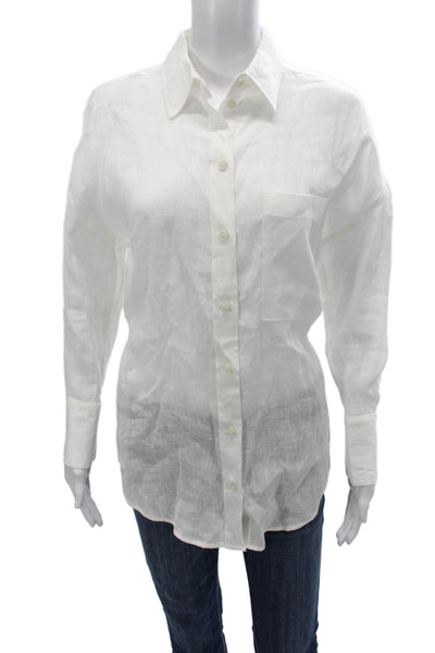 Zara Womens Linen Collared Button Up Blouse White Long Sleeve Basic Size XS