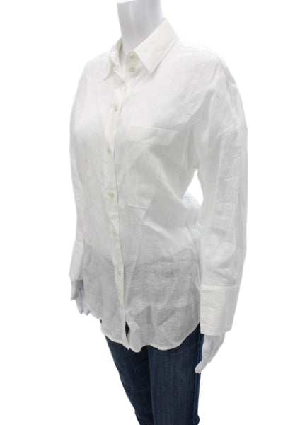 Zara Womens Linen Collared Button Up Blouse White Long Sleeve Basic Size XS