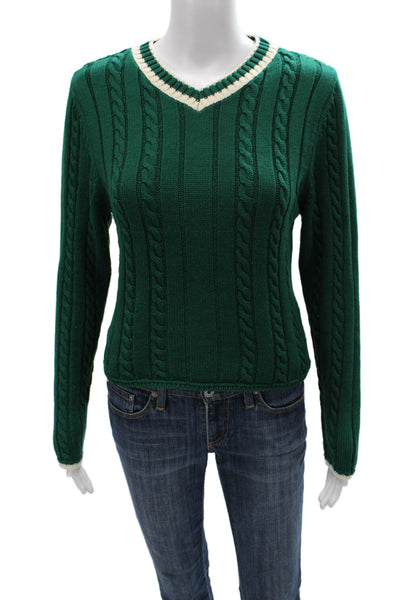 Zara Womens Pullover Sweater Green V Neck Striped Long Sleeve Preppy Size M