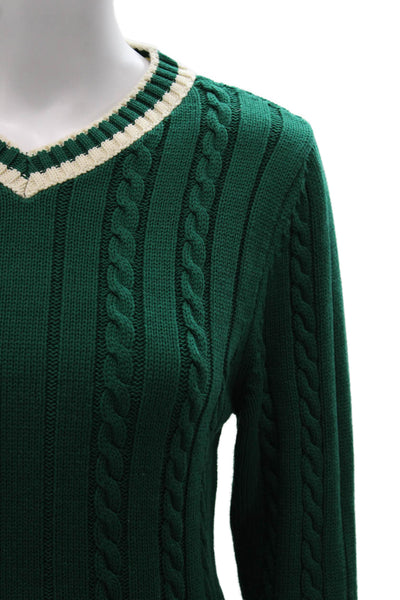 Zara Womens Pullover Sweater Green V Neck Striped Long Sleeve Preppy Size M
