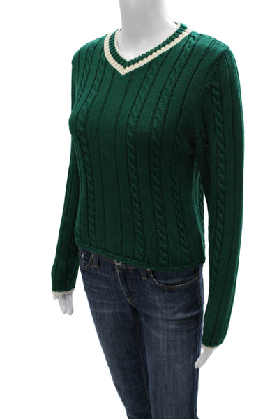 Zara Womens Pullover Sweater Green V Neck Striped Long Sleeve Preppy Size M