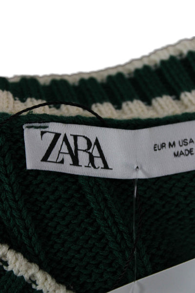 Zara Womens Pullover Sweater Green V Neck Striped Long Sleeve Preppy Size M