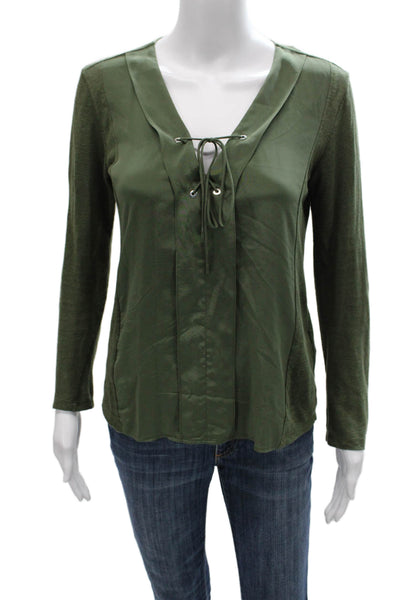 Sandro Womens Linen Tunic Blouse Green V-Neck Lace Up Long Sleeve Size 1