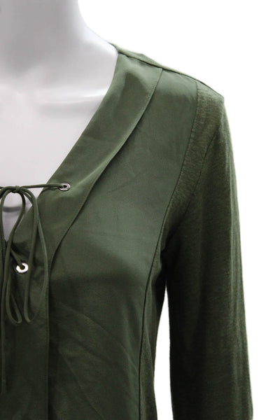 Sandro Womens Linen Tunic Blouse Green V-Neck Lace Up Long Sleeve Size 1