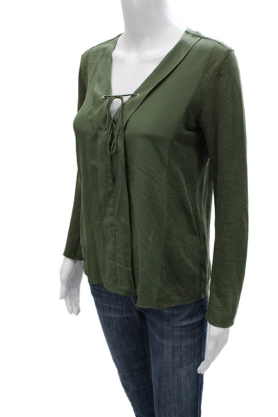 Sandro Womens Linen Tunic Blouse Green V-Neck Lace Up Long Sleeve Size 1