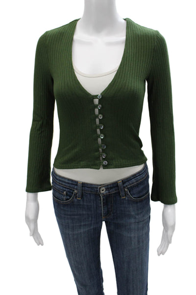 Reformation Womens Cropped Button-Up Top Green V-Neck Long Sleeve Size XS