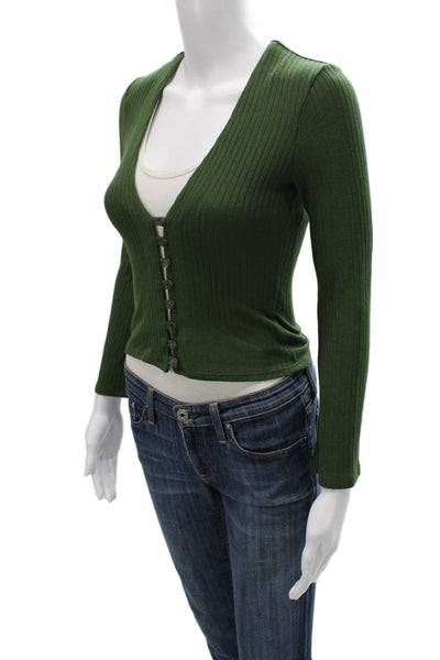 Reformation Womens Cropped Button-Up Top Green V-Neck Long Sleeve Size XS