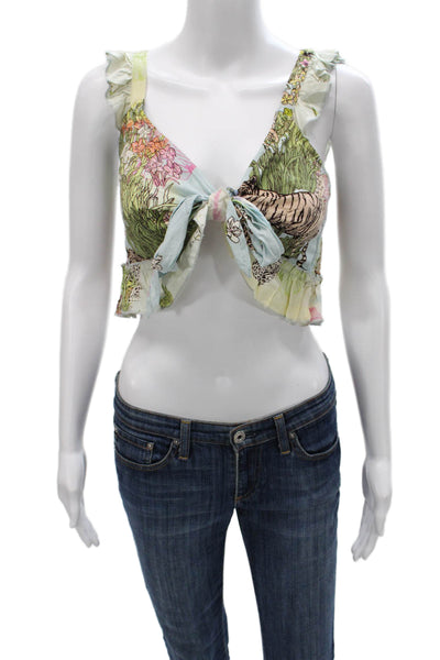 Z&L Europe Women Cropped Animal Print V-Neck Sleeveless Tie Blouse Size S