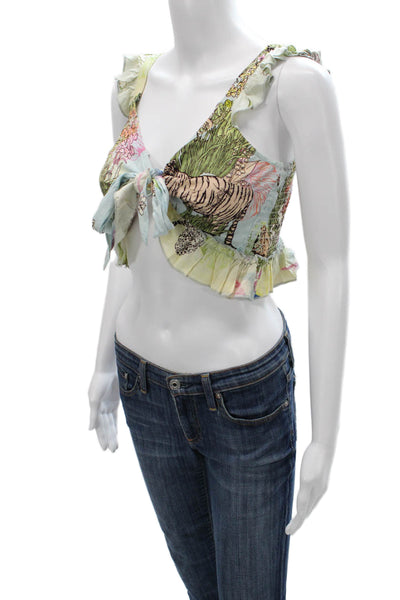 Z&L Europe Women Cropped Animal Print V-Neck Sleeveless Tie Blouse Size S