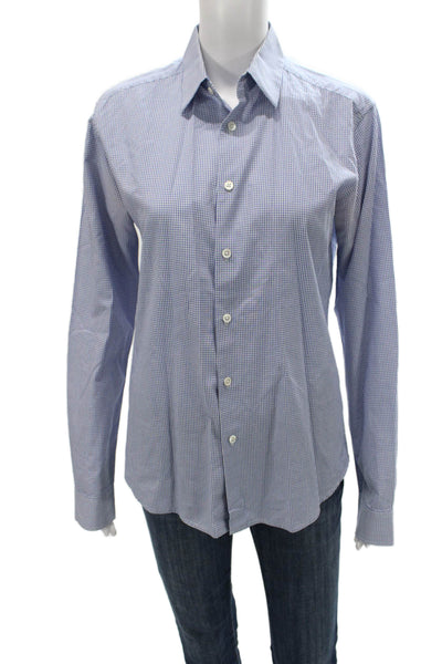 Theory Women Basic Blue Cotton Check Collared Long Sleeve Button-Up Top Size XS