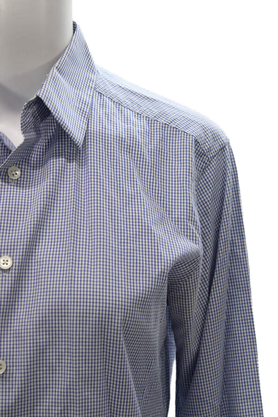 Theory Women Basic Blue Cotton Check Collared Long Sleeve Button-Up Top Size XS