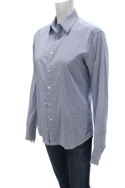 Theory Women Basic Blue Cotton Check Collared Long Sleeve Button-Up Top Size XS