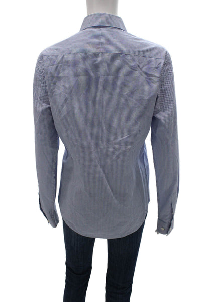 Theory Women Basic Blue Cotton Check Collared Long Sleeve Button-Up Top Size XS