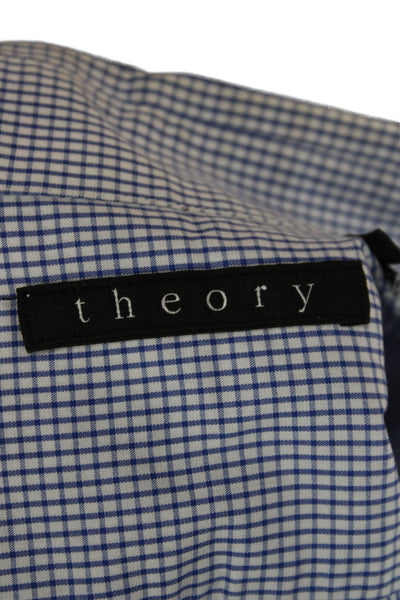 Theory Women Basic Blue Cotton Check Collared Long Sleeve Button-Up Top Size XS
