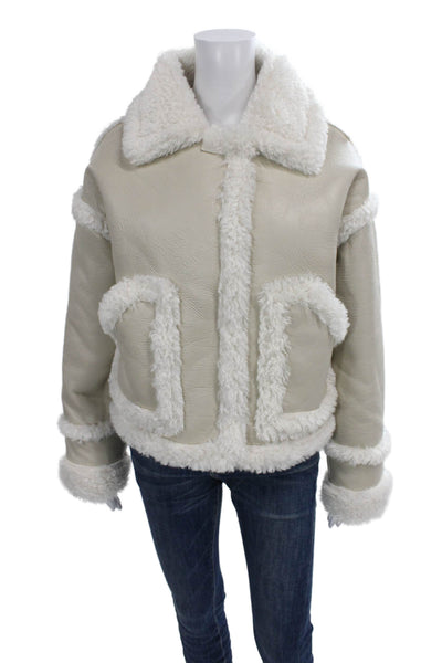 Topshop Women Aviator Jacket Ivory Zip Polyurethane Long Sleeve Size 6