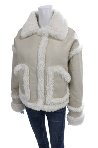 Topshop Women Aviator Jacket Ivory Zip Polyurethane Long Sleeve Size 6
