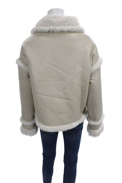 Topshop Women Aviator Jacket Ivory Zip Polyurethane Long Sleeve Size 6