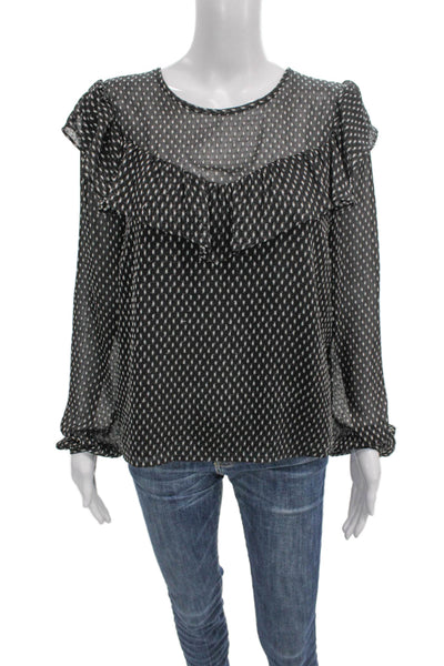 Avec Les Filles Womens Black Round Neck Long Sleeve Button Blouse Size M