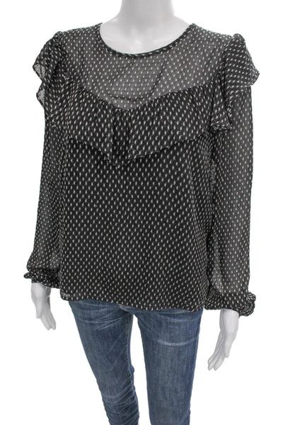 Avec Les Filles Womens Black Round Neck Long Sleeve Button Blouse Size M