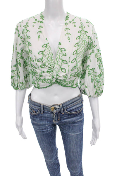 Zara Women Floral Cropped V-Neck Cotton Blouse 3/4 Sleeve White Size S