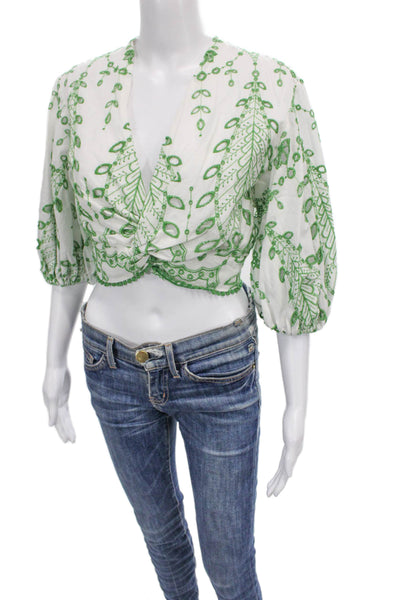 Zara Women Floral Cropped V-Neck Cotton Blouse 3/4 Sleeve White Size S