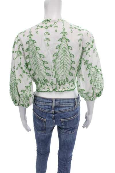 Zara Women Floral Cropped V-Neck Cotton Blouse 3/4 Sleeve White Size S