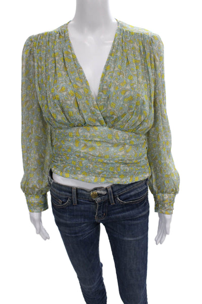 Zara Women Paisley V-Neck Long Sleeve Polyester Basic Blouse Blue Size S