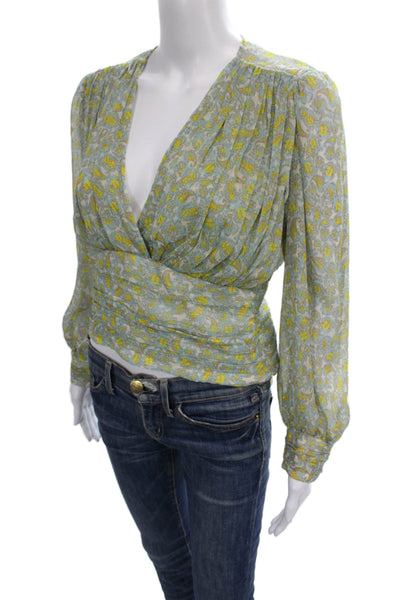 Zara Women Paisley V-Neck Long Sleeve Polyester Basic Blouse Blue Size S