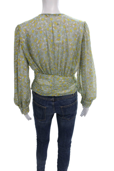 Zara Women Paisley V-Neck Long Sleeve Polyester Basic Blouse Blue Size S
