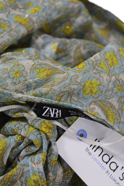 Zara Women Paisley V-Neck Long Sleeve Polyester Basic Blouse Blue Size S