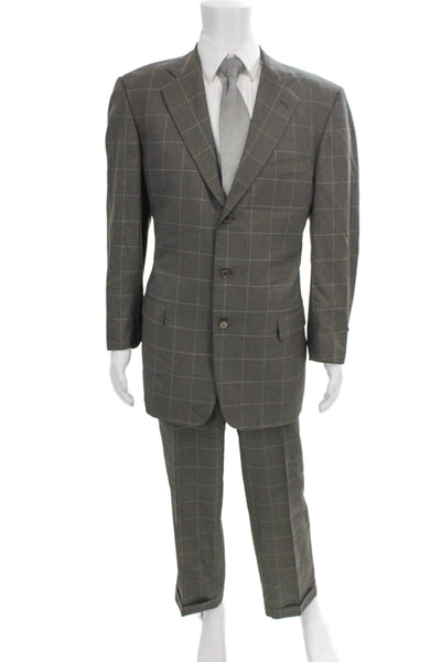 Ermenegildo Zegna Mens 2 Piece Wool Check Suit Gray Button Size 44