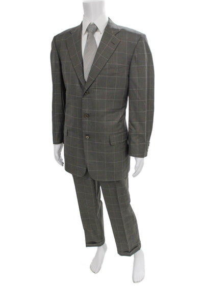 Ermenegildo Zegna Mens 2 Piece Wool Check Suit Gray Button Size 44