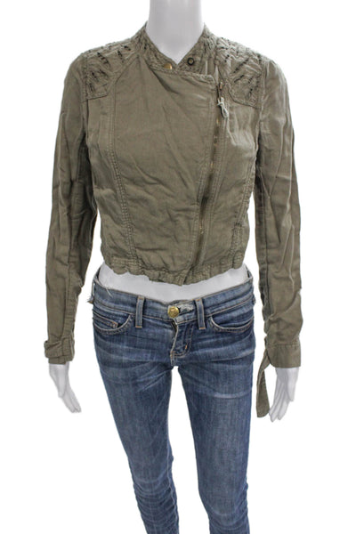 Free People Womens Biker Jacket Green Cotton Linen Long Sleeve Size 0