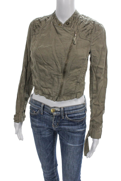 Free People Womens Biker Jacket Green Cotton Linen Long Sleeve Size 0