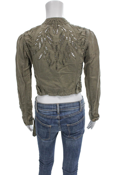 Free People Womens Biker Jacket Green Cotton Linen Long Sleeve Size 0