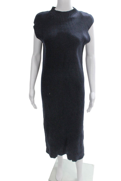 COS Womens Sweater Dress Blue Mock Neck Button Mid Calf Sleeveless Size S