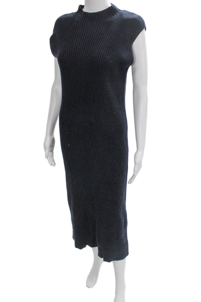 COS Womens Sweater Dress Blue Mock Neck Button Mid Calf Sleeveless Size S