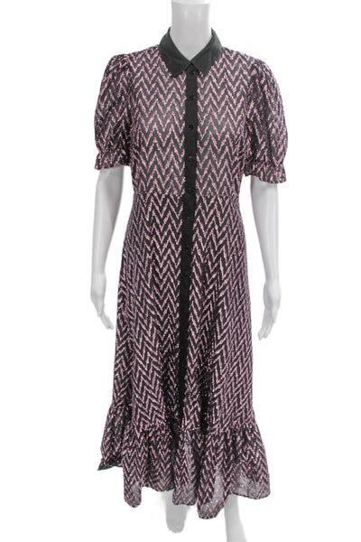 Zara Women Black Chevron Collared Shirt Dress Short Sleeve Mid-Calf Size S