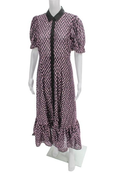 Zara Women Black Chevron Collared Shirt Dress Short Sleeve Mid-Calf Size S