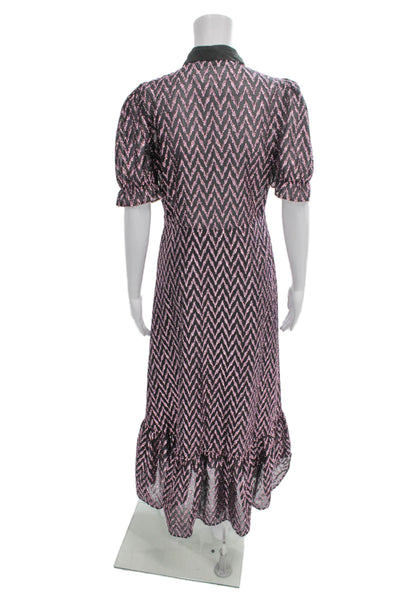 Zara Women Black Chevron Collared Shirt Dress Short Sleeve Mid-Calf Size S