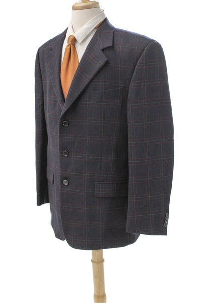 Gianfranco Ferre Mens Virgin Wool Plaid Blazer Blue Size 54