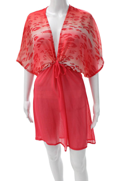 Le Doux Women Short Red Animal Print V Neck Polyester Cover Up Dress Size L