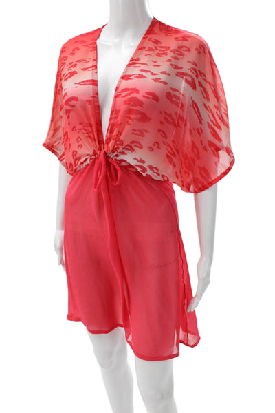 Le Doux Women Short Red Animal Print V Neck Polyester Cover Up Dress Size L