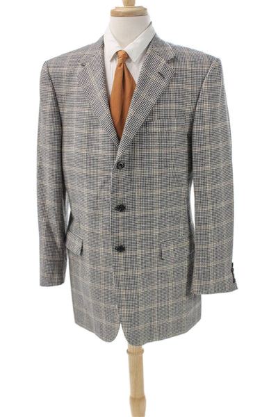Hickey Freeman Mens Blazer Beige Plaid Worsted Wool Button Size 42