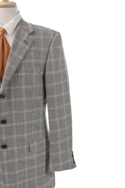 Hickey Freeman Mens Blazer Beige Plaid Worsted Wool Button Size 42