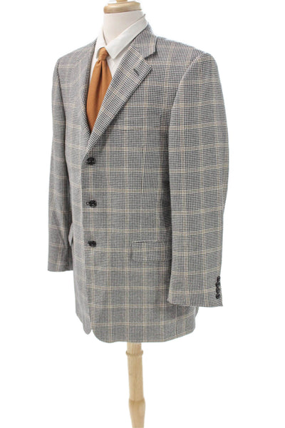 Hickey Freeman Mens Blazer Beige Plaid Worsted Wool Button Size 42