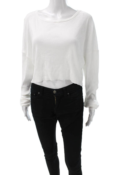 Eterne Womens Cropped Cotton Long Sleeve T Shirt White Round Neck Size S