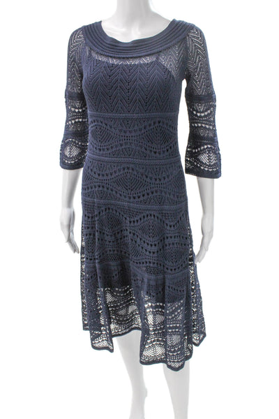 D. Exterior Womens Fit & Flare Dress Blue Cotton Boat Neck 3/4 Sleeve Size S