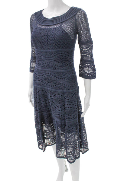 D. Exterior Womens Fit & Flare Dress Blue Cotton Boat Neck 3/4 Sleeve Size S