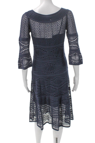 D. Exterior Womens Fit & Flare Dress Blue Cotton Boat Neck 3/4 Sleeve Size S